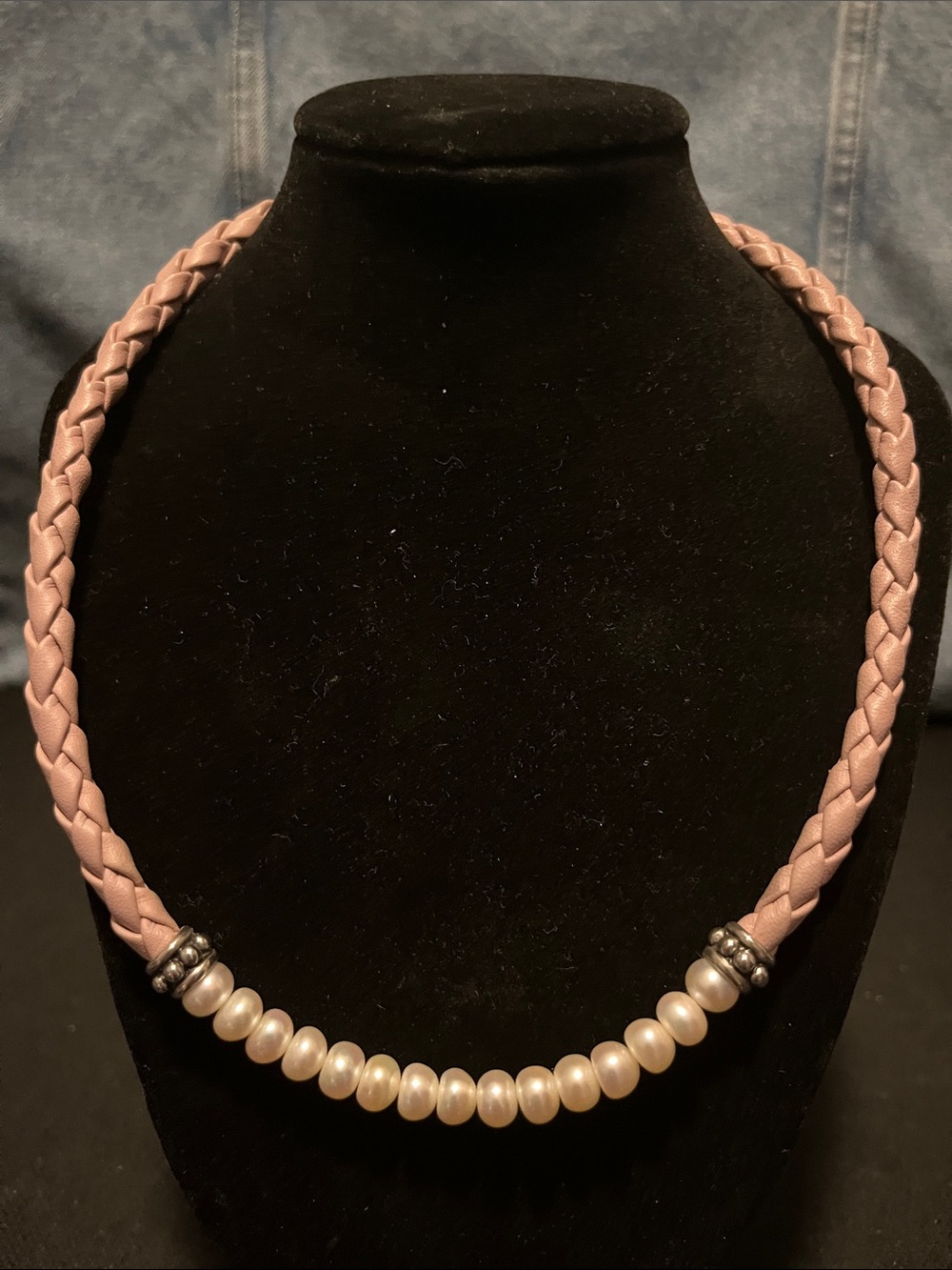 Honora Pink Braided Leather Choker/Necklace with Pearl Strand & Sterling Beads
